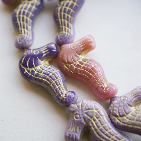 粉紫色系mix描金色~趣味海马海洋生物珠捷克珠玻璃琉璃珠 28X18MM