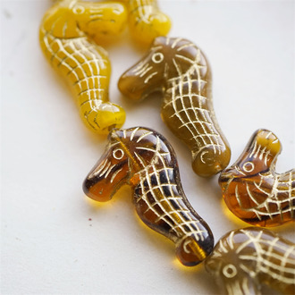 玳瑁黄棕色系mix描金色~趣味海马海洋生物珠捷克珠玻璃琉璃珠 28X18MM