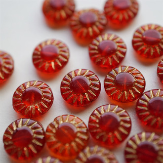 透宝石红描金色~太阳花扁圆珠捷克珠玻璃琉璃 14MM