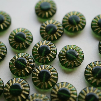 透墨翠绿描金色~太阳花扁圆珠捷克珠玻璃琉璃 14MM