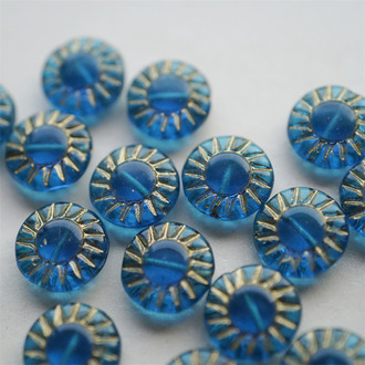 透孔雀蓝色描金~太阳花扁圆珠捷克珠玻璃琉璃 14MM