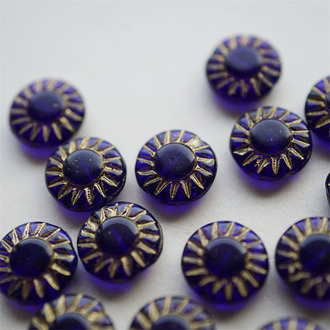 暗夜蓝色描金~太阳花扁圆珠捷克珠玻璃琉璃 14MM