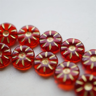 透宝石红描金色~太阳花扁圆珠捷克珠玻璃琉璃 12MM