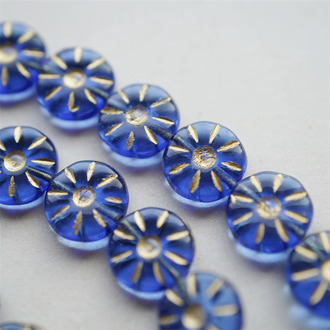 透水蓝描金色~太阳花扁圆珠捷克珠玻璃琉璃 12MM
