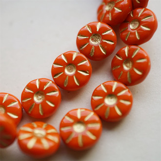 橙红色描金~太阳花扁圆珠捷克珠玻璃琉璃 12MM