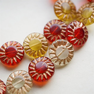 5枚入！透色mix红描玫瑰金色~太阳花扁圆珠捷克珠玻璃琉璃 14MM