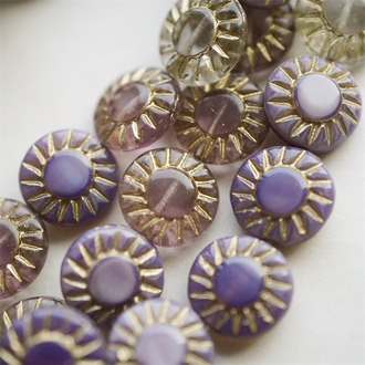 5枚入！紫色系mix描金色~太阳花扁圆珠捷克珠玻璃琉璃 14MM