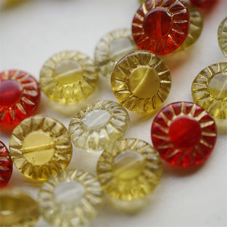 5枚入！透色mix红黄描金色~太阳花扁圆珠捷克珠玻璃琉璃 14MM