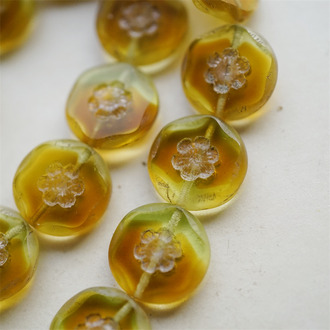 光泽感茶感琥珀渐变色mix~扁圆切边刻印小花花朵捷克珠玻璃琉璃珠 15MM