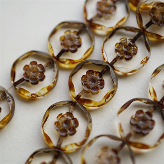 透明毕加索复古做旧色~扁圆切边刻印小花花朵捷克珠玻璃琉璃珠 15MM