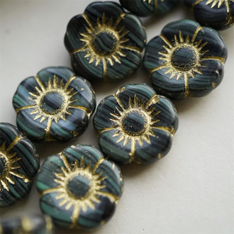 高级感墨绿渐变条纹描金色~日系少女常规花朵捷克珠玻璃琉璃 18MM