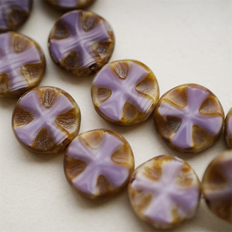 复古丝绸紫色做旧毕加索色~扁圆十字纹捷克珠玻璃琉璃珠 14MM