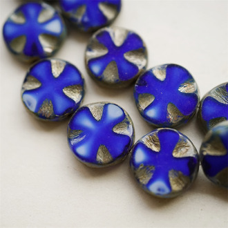 深蓝白mix做旧矿银复古斑驳边~扁圆十字纹捷克珠玻璃琉璃珠 14MM