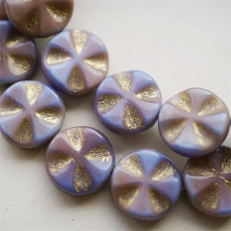 莓果蓝紫粉渐变描金色~扁圆十字纹捷克珠玻璃琉璃珠 14MM
