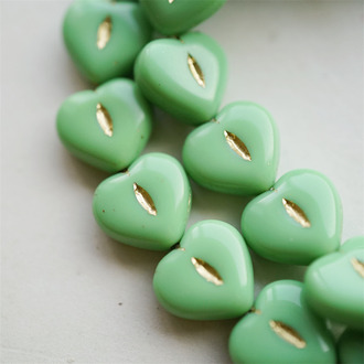 奶油绿描金~爱心桃心点捷克珠玻璃琉璃珠 14MM