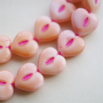 蜜桃粉渐变彩绘粉色~爱心桃心点捷克珠玻璃琉璃珠 14MM
