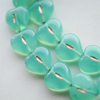 清新透蛋白绿色描玫瑰金~爱心桃心点捷克珠玻璃琉璃珠 14MM