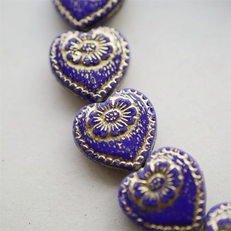 夜蓝描金色~复古爱心浮雕大丽花捷克珠玻璃琉璃 16X17MM