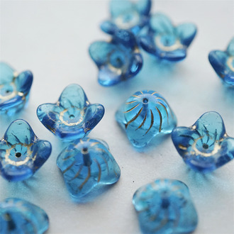透蓝色描金~多肉花花铃铛花捷克珠玻璃琉璃珠 15X9MM