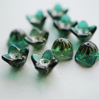 深绿色系mix描金~多肉花花铃铛花捷克珠玻璃琉璃珠 15X9MM