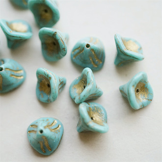 松石绿描金色~可爱牵牛花喇叭花捷克珠玻璃琉璃珠 12X9MM