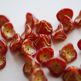 深红色彩绘渐变柠檬黄色~可爱牵牛花喇叭花捷克珠玻璃琉璃珠 10X8MM