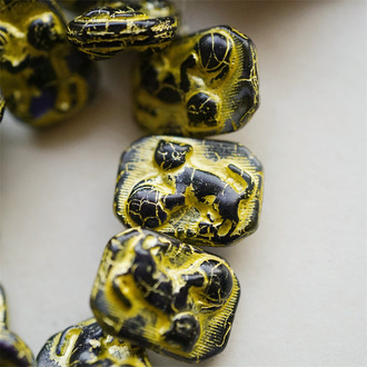 透墨黑蓝紫描柠檬黄色~高定立体猫咪抱球长方形捷克珠玻璃琉璃串珠 22X16MM