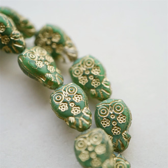 雾面油画绿描金色~可爱猫头鹰直孔捷克珠玻璃琉璃珠 16X11MM