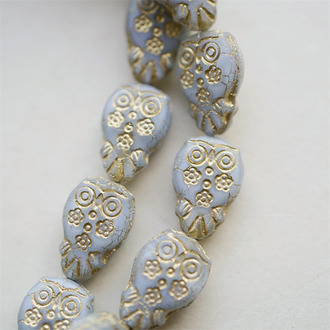 雾面蛋白灰描金色~可爱猫头鹰直孔捷克珠玻璃琉璃珠 16X11MM