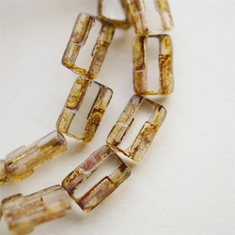 透明色做旧毕加索色~浮雕古董珠工艺双孔长方形捷克珠玻璃琉璃珠 13X9MM