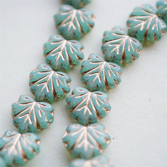 蛋白绿描玫瑰金色~树叶捷克珠玻璃琉璃珠 11X13MM