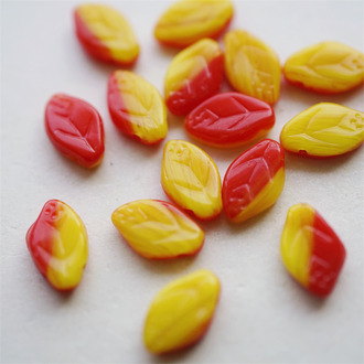 红拼黄色渐变mix~树叶侧孔捷克珠玻璃琉璃 12X7MM