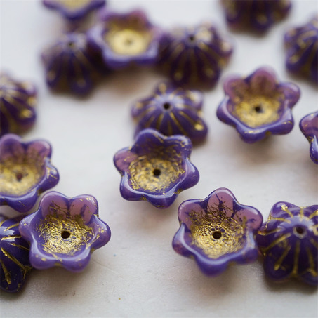 深蛋白紫色描金~小碗花贝尔铃铛花铃兰捷克珠玻璃琉璃珠 14MM-5