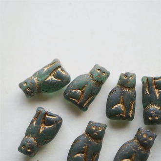 雾面复古墨翠绿描金色~迷你可爱小猫咪捷克珠玻璃琉璃珠 15X10MM