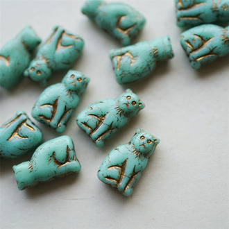 纯色松石绿描古铜色~迷你可爱小猫咪捷克珠玻璃琉璃珠 15X10MM