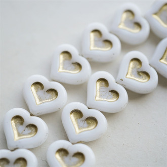 纯白花嫁色描金~复古少女爱心桃心捷克珠玻璃珠琉璃珠 14X12MM