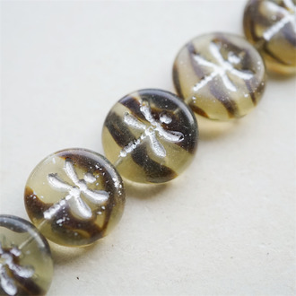 浅玳瑁色条纹描银色~复古蜻蜓捷克珠玻璃珠琉璃 17MM
