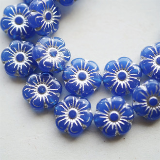 普鲁士蓝蛋白感描银色~六瓣花朵复古捷克玻璃珠琉璃珠 13MM