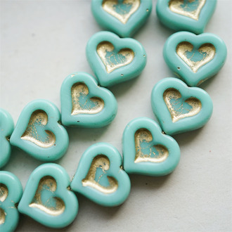 纯色松石绿描金~复古少女爱心桃心捷克珠玻璃珠琉璃珠 14X12MM