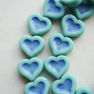 纯色松石绿描蓝色~复古少女爱心桃心捷克珠玻璃珠琉璃珠 14X12MM