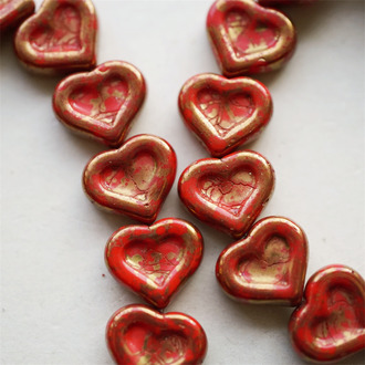 鎏金光泽感红色~复古少女爱心桃心捷克珠玻璃珠琉璃珠 14X12MM