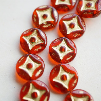 透宝石红描金~浮雕四角星星扁圆硬币珠捷克珠玻璃琉璃珠 15MM