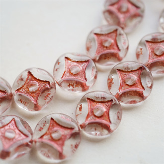 透明描玫瑰金金属色~浮雕四角星星扁圆硬币珠捷克珠玻璃琉璃珠 15MM