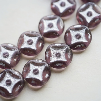 透紫水晶描银色~浮雕四角星星扁圆硬币珠捷克珠玻璃琉璃珠 15MM