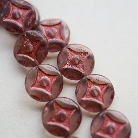 透紫灰描红色金属光泽~浮雕四角星星扁圆硬币珠捷克珠玻璃琉璃珠 15MM-2