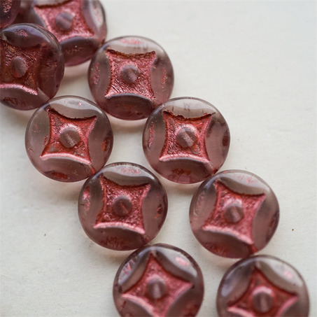 透紫灰描红色金属光泽~浮雕四角星星扁圆硬币珠捷克珠玻璃琉璃珠 15MM-4