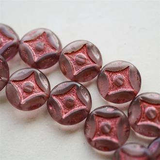 透紫灰描红色金属光泽~浮雕四角星星扁圆硬币珠捷克珠玻璃琉璃珠 15MM