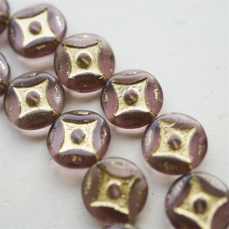 透紫晶石色描金~浮雕四角星星扁圆硬币珠捷克珠玻璃琉璃珠 15MM
