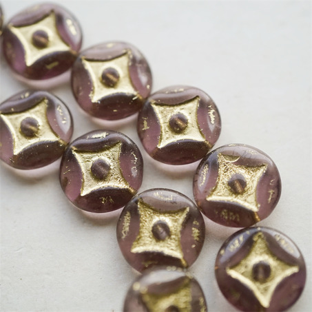 透紫晶石色描金~浮雕四角星星扁圆硬币珠捷克珠玻璃琉璃珠 15MM-5