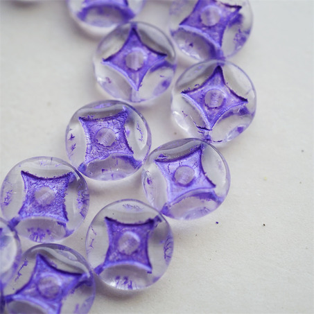 水晶透明描紫色~浮雕四角星星扁圆硬币珠捷克珠玻璃琉璃珠 15MM-3